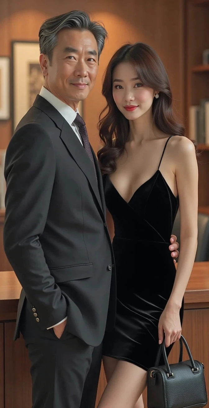 35 year old mafia man with large arms and pecs short hair shaved on the sides, with marked abs next to a beautiful woman with an exaggeratedly large bust and buttocks. Long brown hair with a see-through outfit.