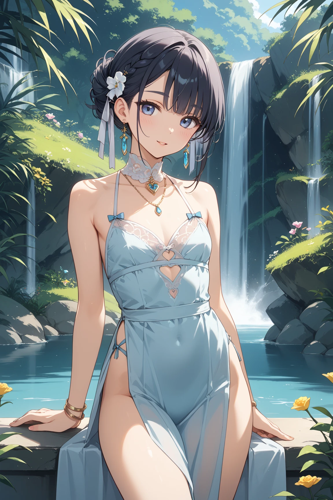 Fubuki in swimsuit, green bikini with blue flowers