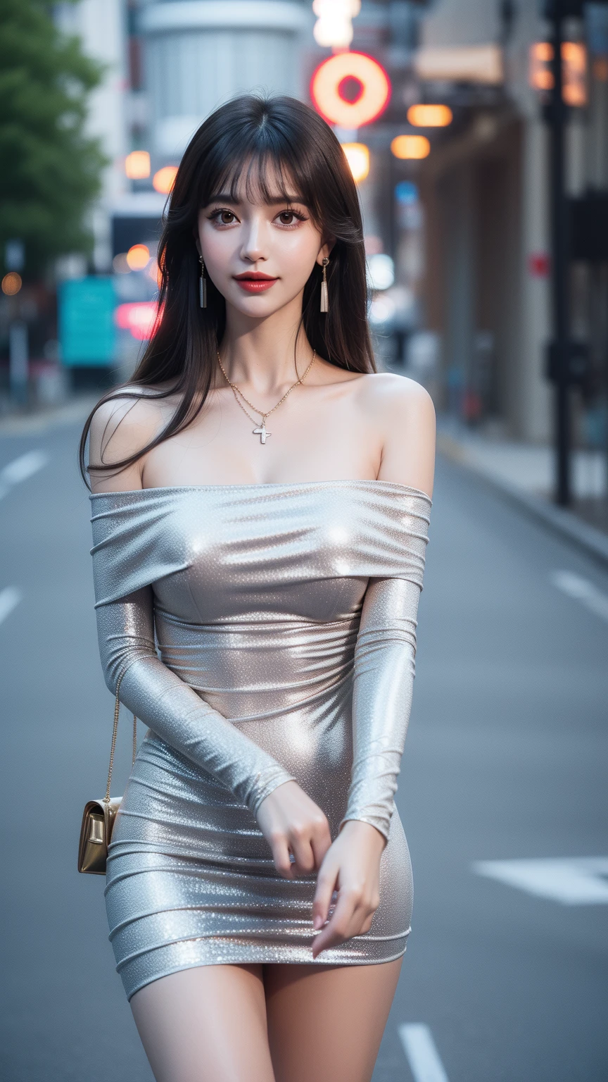 best quality,HDR,UHD,8K,Vivid Colors,solo,medium-shot,(1girl:1.5),(standing:1.3),from front,soft light,(looking at viewer:1.6),Elegant,detailed gorgeous face,(outdoors background:1.1),cowboy shot,rc,(grey dress:1.3),