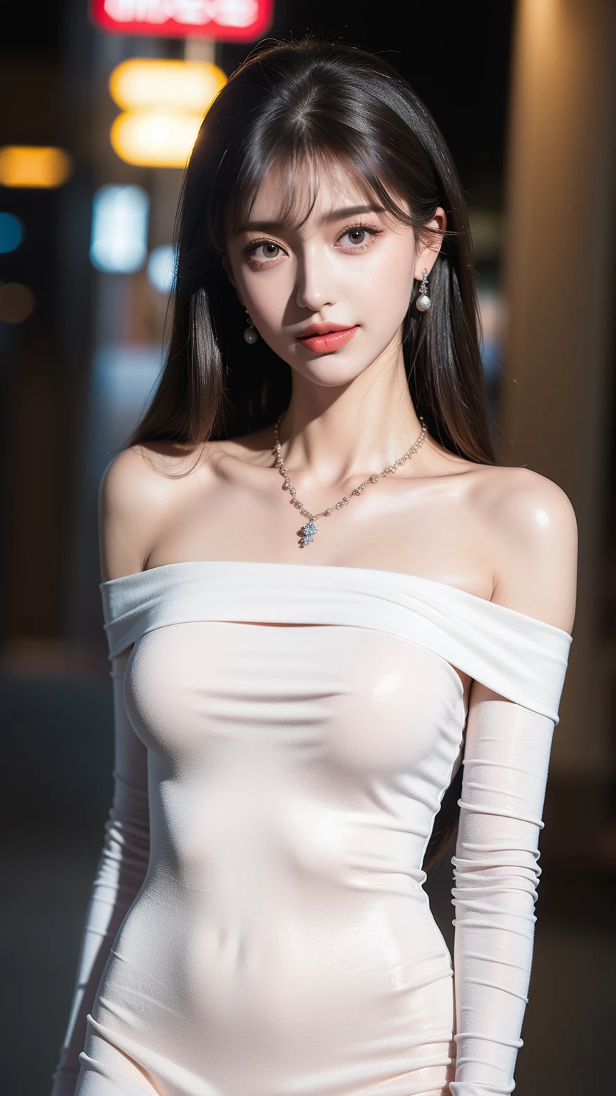 best quality,HDR,UHD,8K,Vivid Colors,solo,medium-shot,(1girl:1.5),(standing:1.3),from front,soft light,(looking at viewer:1.6),Elegant,detailed gorgeous face,(outdoors background:1.1),cowboy shot,rc,(grey dress:1.3),