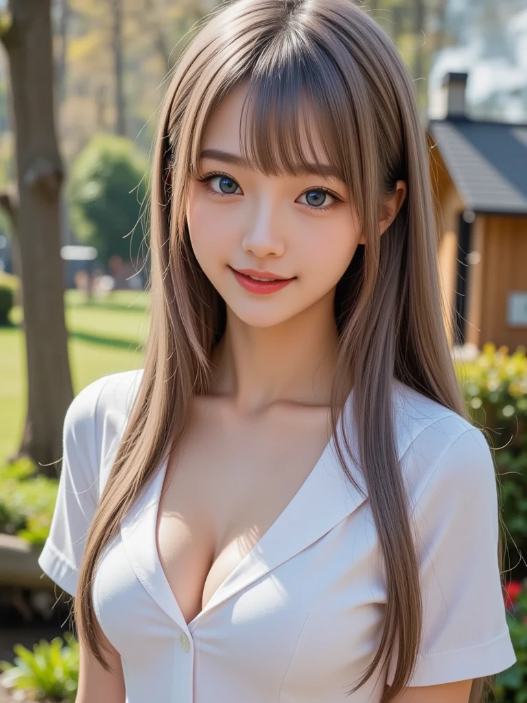 (8k, RAW photograph, highest quality, masterpiece:1.3),(Genuine,photograph:1.37),(Looking at the audience:1.331),Pause,One girl,とてもbeautiful顔,small,Hair weight,Fluffy hair,Random representation,Smile with the corners of your mouth,Big eyes,highest quality Hair,((highest quality)), ((masterpiece)), (detailed), whole body、wallpaper、Attention to detail、Perfect balance、Tight waist、Chestnut Hair、beautiful, Beautiful Skin、beautiful white skin、Russian Beauty、(masterpiece:1.3), 一眼レフphotograph、Best image quality: 1.4, (Rough long hairstyle:1.2)、Soft Breasts、Cleavage:1.4、Stylish clothes