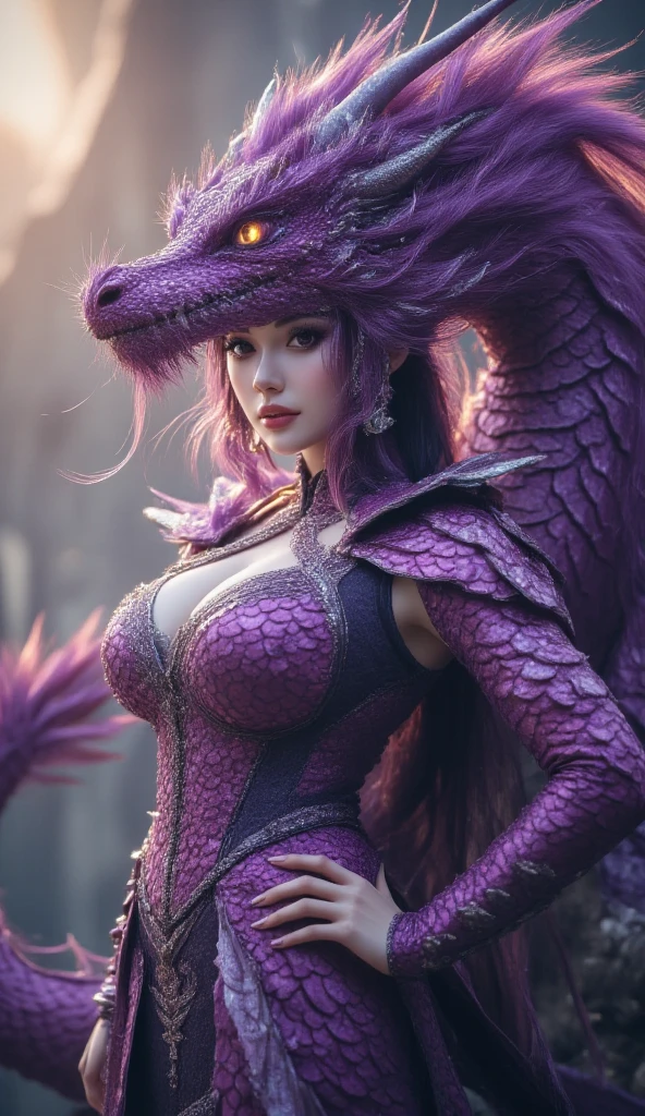 A captivating alien female draconian shapeshifter is depicted in this vibrant and detailed digital design masterpiece. The subject has skin that resembles the scales of a purple and black dragon, giving her an exotic and alluring appearance. Her face is beautifully attractive, with striking purple eyes that draw you in, puffy lips that add to her allure, and long flowing purple hair that frames her face perfectly. perfect semi ????? body The image is in focus, bringing out all the intricate details of the subject's features. (((huge boobs))) This high-quality artwork showcases the artist's skill in creating a stunning portrayal of this otherworldly being.