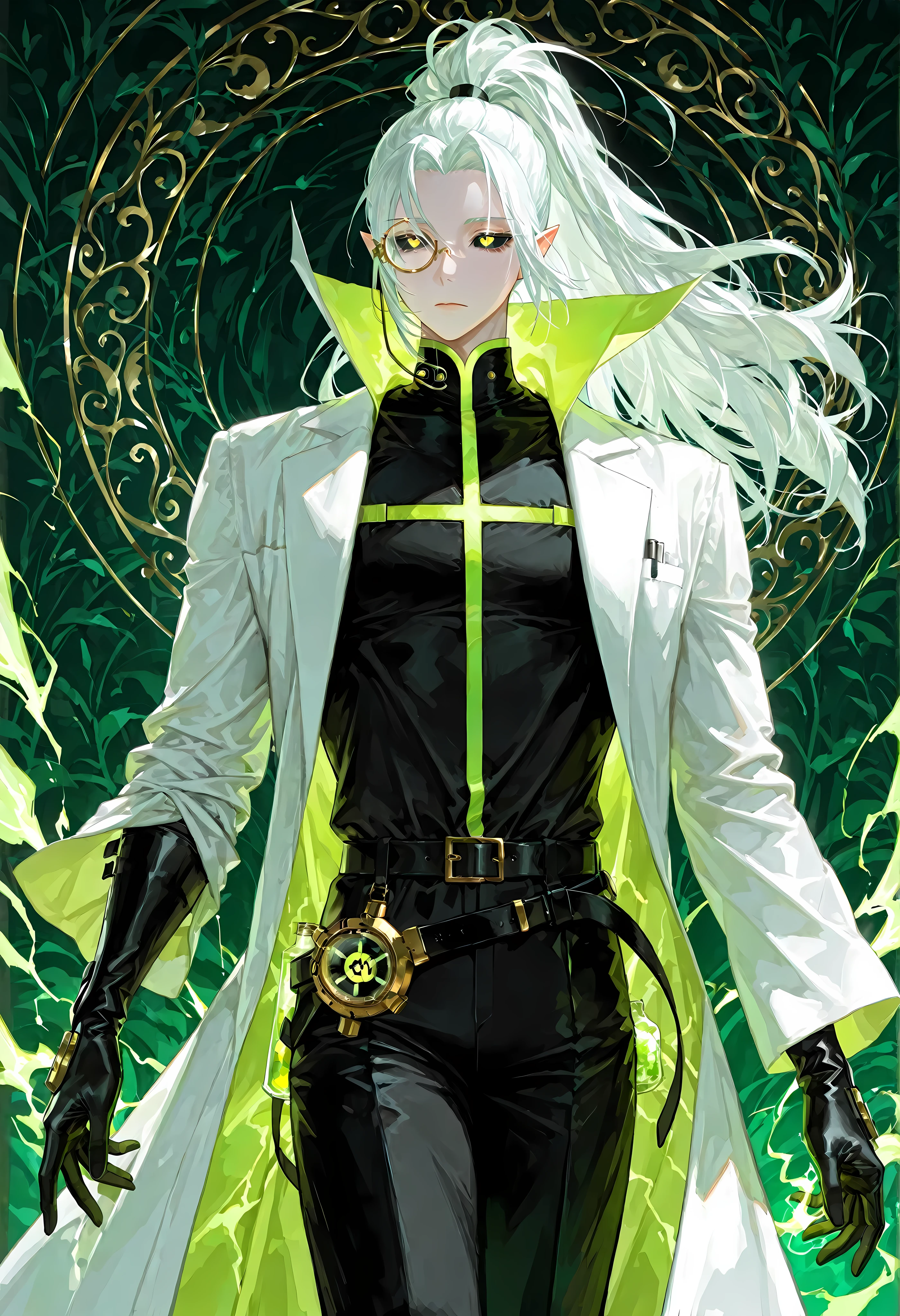 8k, beautiful masterpiece, looking ahead, close-up, alone, super white skin, Perfect Eyes shape, Athletic Build, ((He wears: white Howie-style closed lab coat (with the asymmetrical front panel and the high, stiff collar); black satin tunic with greenish accents; black long opera gloves over lab coat; black belt over lab coat; black pants; Omnitrix; golden rimmed monocle)), (((background is underground laboratory, is emotionless and somber while casting a spell))), mature man, muscular, 1 man, male-centered, handsome man, handsome, pointy ears, long hair, high ponytail, white hair, Thick painted, (greenish eyes (vertical slid pupils), black sclera), Perfect Eyes, masterpiece, top quality, amazing quality, exquisite details, very detailed, semi-realism art, semi-realism art style