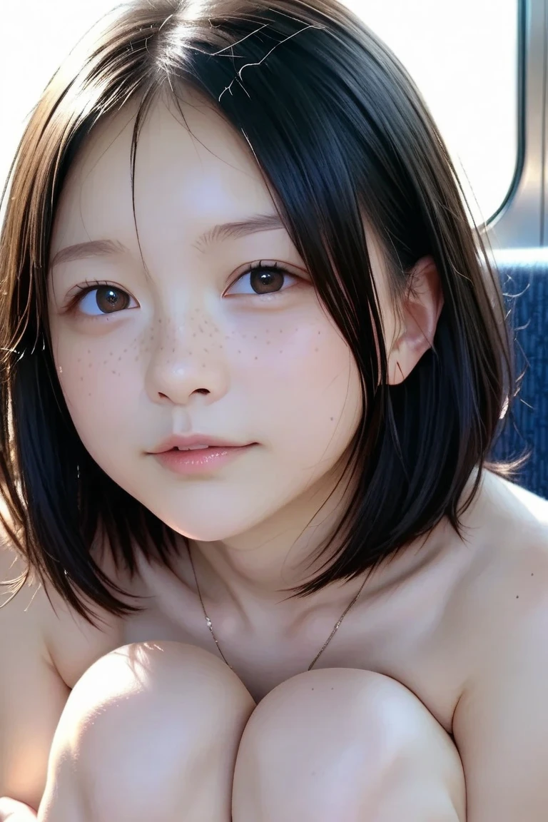 ((Detailed and realistic faces)), (7 years old:1.1), 1 person, girl, (Baby Face:1.2), (Very thin body:1.2), (Small breasts), in the forest, (nude), Bob Hair, (Brown Hair), (Ecstasy facial expression), (No makeup), (full body), Butt