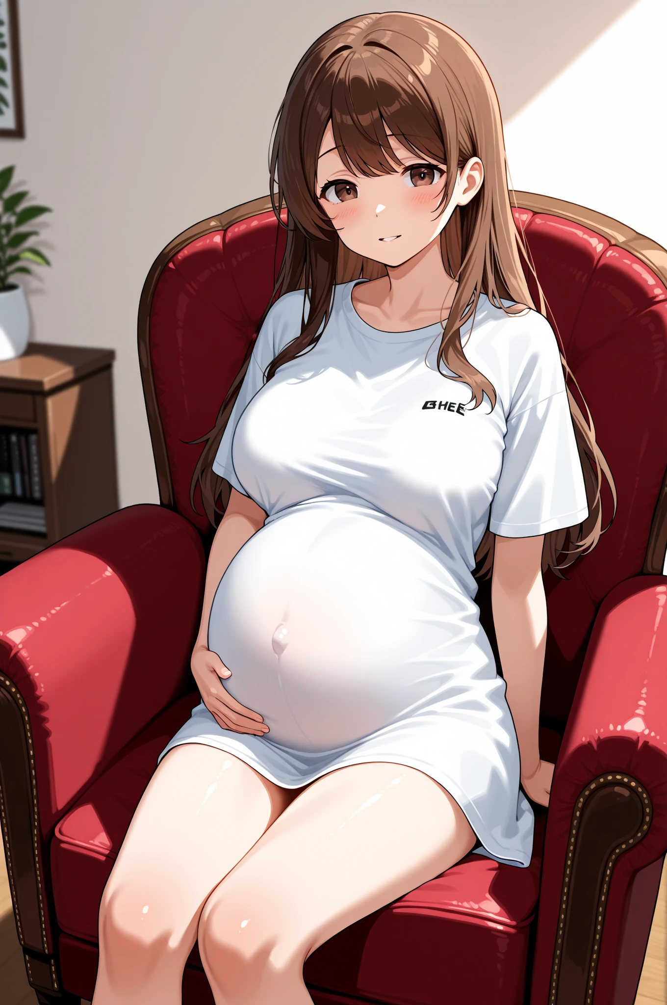 Pregnant goddess, nurse, white miniskirt, wavy lift brown hair, wants to have sex with you, cleavage, beautiful, fishnet top and leggings
