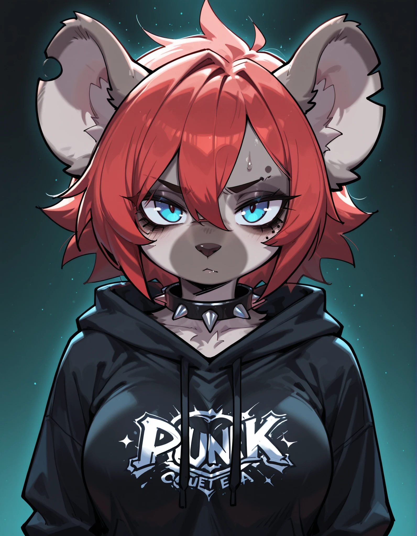 CuteToon_ST,, 1girl, solo, anthro hyena, furry, furry female, blue eyes, punk, grey fur, black hoodie, breast, spike collar, red hair,