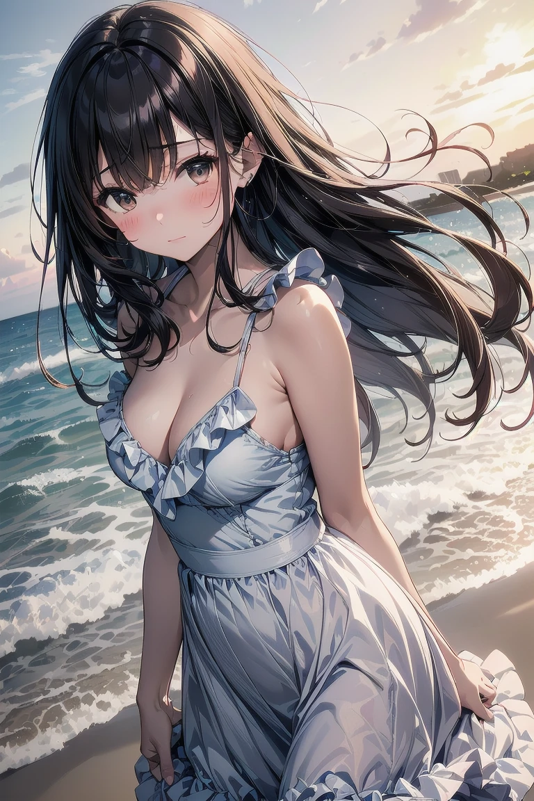 very cute and beautiful girl,frilled white sun dress with detailed lace,(highly detailed beautiful face and eyes:1.2),
(smile),blush,looking at viewer,black hair,dynamic pose,cowboy shot,(skirt lift,white panties),
beach,distant rugged cliffs,
(best quality,masterpiece:1.2),absurdres,highres,ultra-detailed,extremely detailed,32k,8k resolution,
intricate details,cinematic scene,detailed background,solo,dynamic angle,
hair fluttering in the wind,beautiful detailed sky,