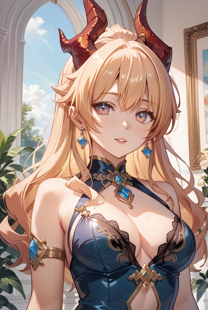 Princess , in castle, high quality, super quality, (detailed face:1.4) ,beautiful woman , golden eyes, long blonde hair , tight gorgeous dress, tiara, necklace , earring , sharpe eyebrow , beautiful bangs are covering her eyes , huge breast  ,upper body  , smile 
