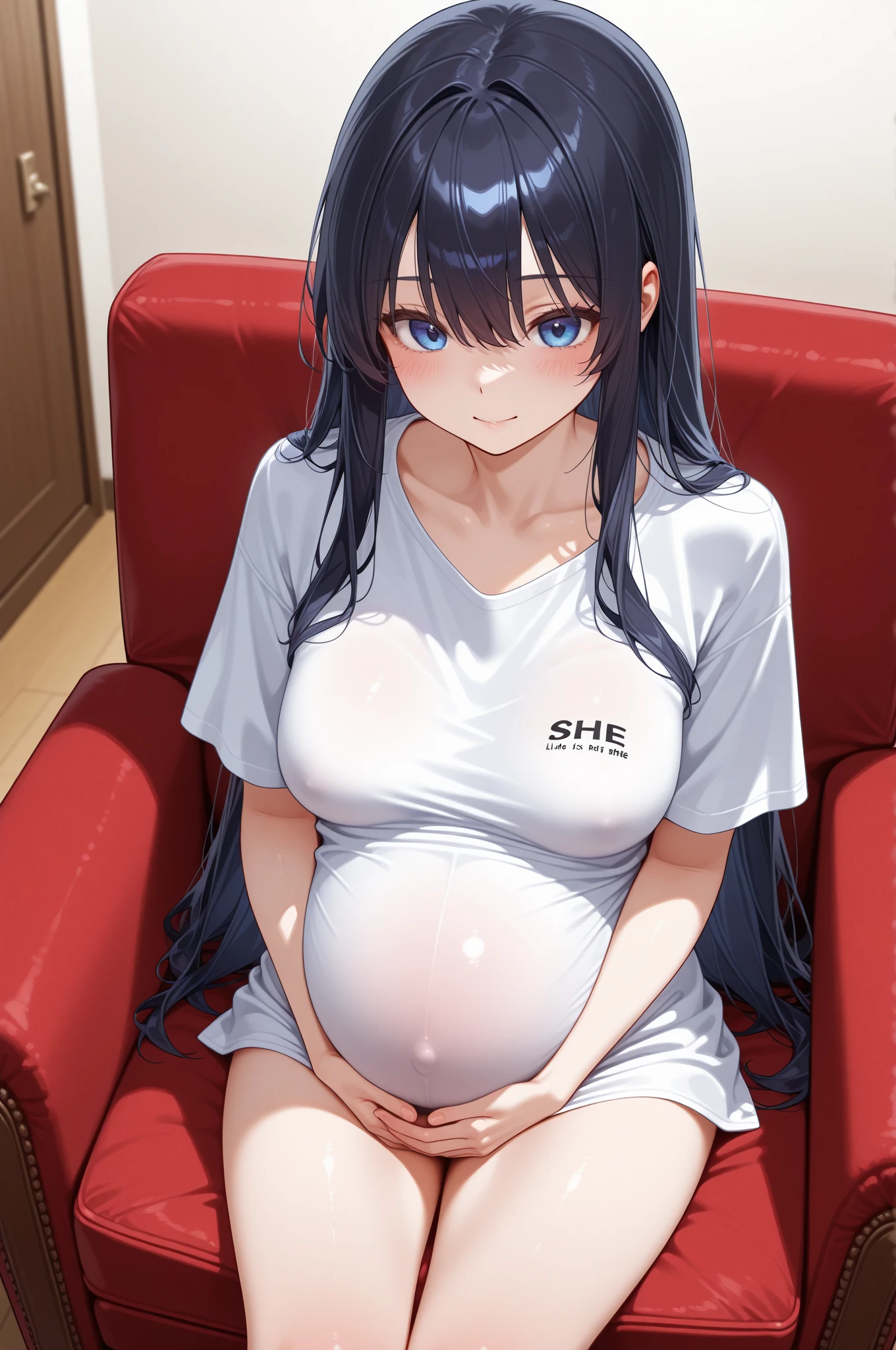 (masterpiece:1.3), (Absurd:1.3), (highest quality:1.3), The Hands of Guido Daniele, (Very detailed:1.3), (Best Shadow:0.7), (Processed Hair), One girl, alone, S1, aizawa ema, 16 years old, (medium Breasts:1.0), perky breasts, (pregnant:0.9), (thick thighs:0.4),  (black hair:1.4), Asymmetrical bangs, Blunt bangs, blue eyes, naked, nude, no bra, (nipple shape:1.0), no socks, cute face, panic face, (embarrassed:1.0), in the bed room,  beside the bed, standing up, from side,