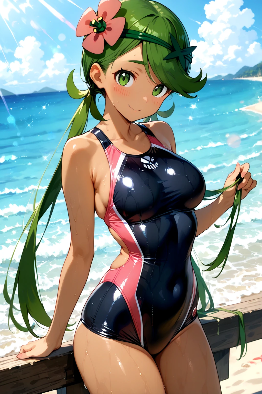 Create an image of a gender-swapped version of Izuku Midoriya, depicted as a beautiful and confident young woman. She has short, vibrant green hair that is styled neatly, with each strand rendered in perfect detail to capture the lively energy of her character. Her large, expressive eyes are a deep, striking green, filled with determination and warmth that reflect her heroic spirit. Her physique is athletic yet feminine, with well-defined curves that highlight her strength and agility. She is wearing a sleek, form-fitting swimsuit that accentuates her figure, showcasing her toned arms, shoulders, and legs. The swimsuit design is modern and stylish, perfectly complementing her overall appearance and adding to her dynamic presence. She stands confidently, perhaps with one hand on her hip and the other brushing through her short hair, her posture strong and poised. Her expression is focused and determined, with a hint of a smile that conveys her unwavering optimism and resolve. Every detail, from the vibrant green of her hair to the contours of her athletic body, is rendered with the highest level of precision. The image should be visually stunning and captured in 8K resolution, ensuring every aspect of her appearance is portrayed with flawless quality, resulting in a captivating and perfect representation of female Izuku Midoriya in a swimsuit.