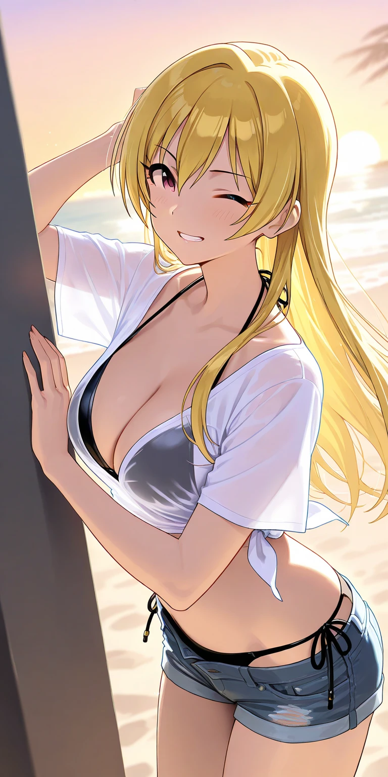 (top-quality、masterpiece)、1girl in、A stunning、a blond、barechested、(((Brown skin tone)))、sun burn、Mole、(((Colossal tits)))、large full breasts、Sheer areol、Pink underwear is visible、Show underwear、neck tie、I can see my chest a little