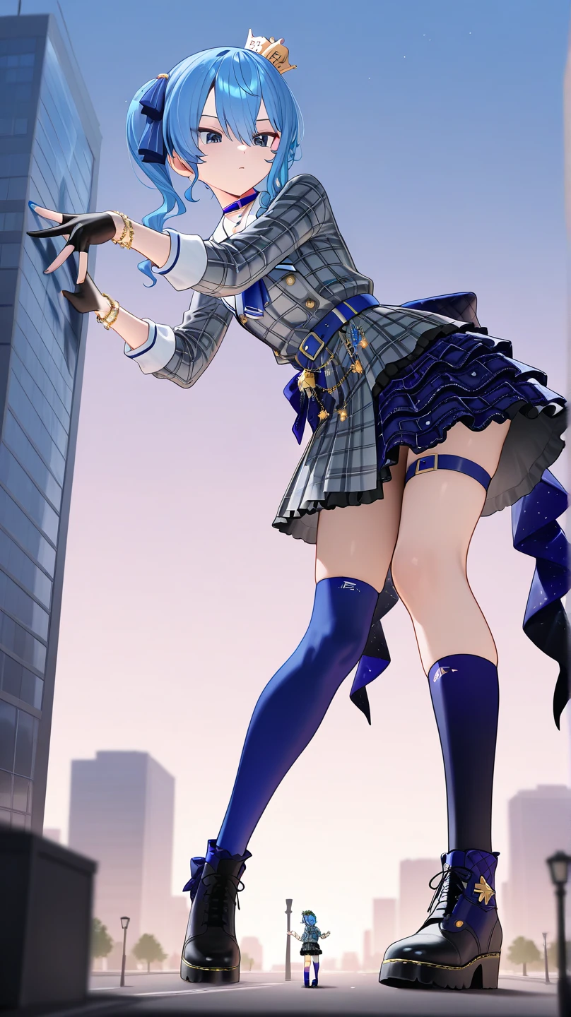 multiple girls, giantess art, highly detailed giantess shots, giantess, most detailed, perfect face, Two legs, Five fingers, A beautiful girl who is bigger than a skyscraper, Wearing rimless glasses, smile, blue base magical girl dress, bow, magical girl, holding a magical wand, black pantyhose, blue stiletto heels, thunderbolt from a magical wand, Destroying cities, Under heavy attack, A very small big city, Miniature metropolis, Full body description, GTS, giga giantess, stomping city, crash city, tiny city, micro city, pantyhose feet, High resolution, highest quality, masterpiece, 