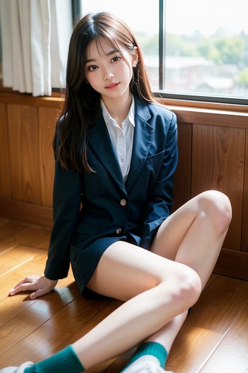 Please raise your heels, Sit down and show your butt from the front, Open your knees, White panties, Blazer jacket, Long Hair, Realistic, photograph, cute,