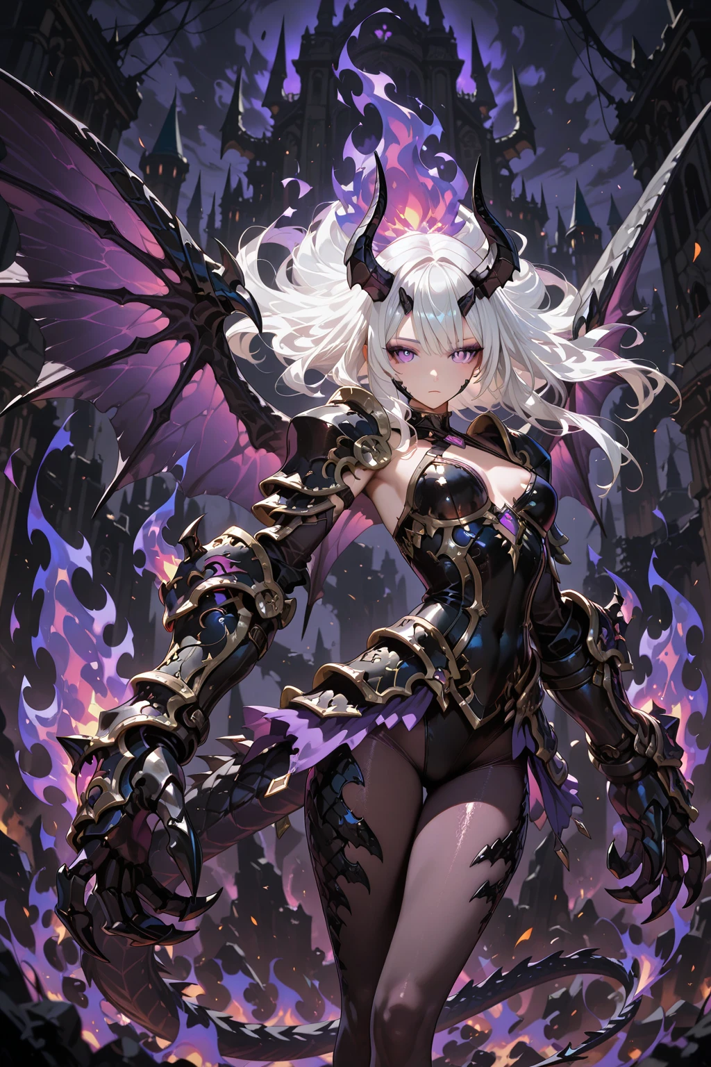 fantasy, 1devil_girl, low_teen, platina_blond_hair,long_bangs,, bare_shoulder, navel out, thighhighs,silver_armor, white_clothes,waist_armor, Glebe, hold_swords, large_breasts, dynamic_flying_pose,Floating, (1pair_bat_wings:1.2),(pelvic_curtain:1.3), silver_Headgear ,looking_down_at_sunrise_city_sky_background,,slightly_spread_legs, some_swords,some_swords_floating_around_the_girl,solo,horn ,smile,,open_legs,open_arms,rise_knee,rise_leg,rise_thigh,rise_leg,forward_leaning_posture,apart_legs,fang,Shiny_gold_eyes