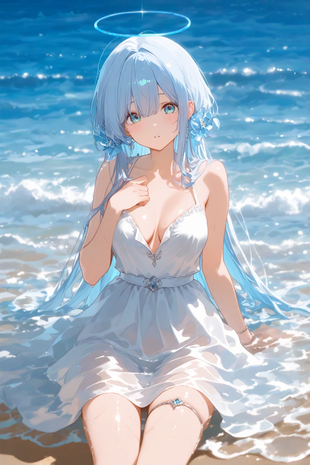 a women, blue hair, blue eyes, white dress