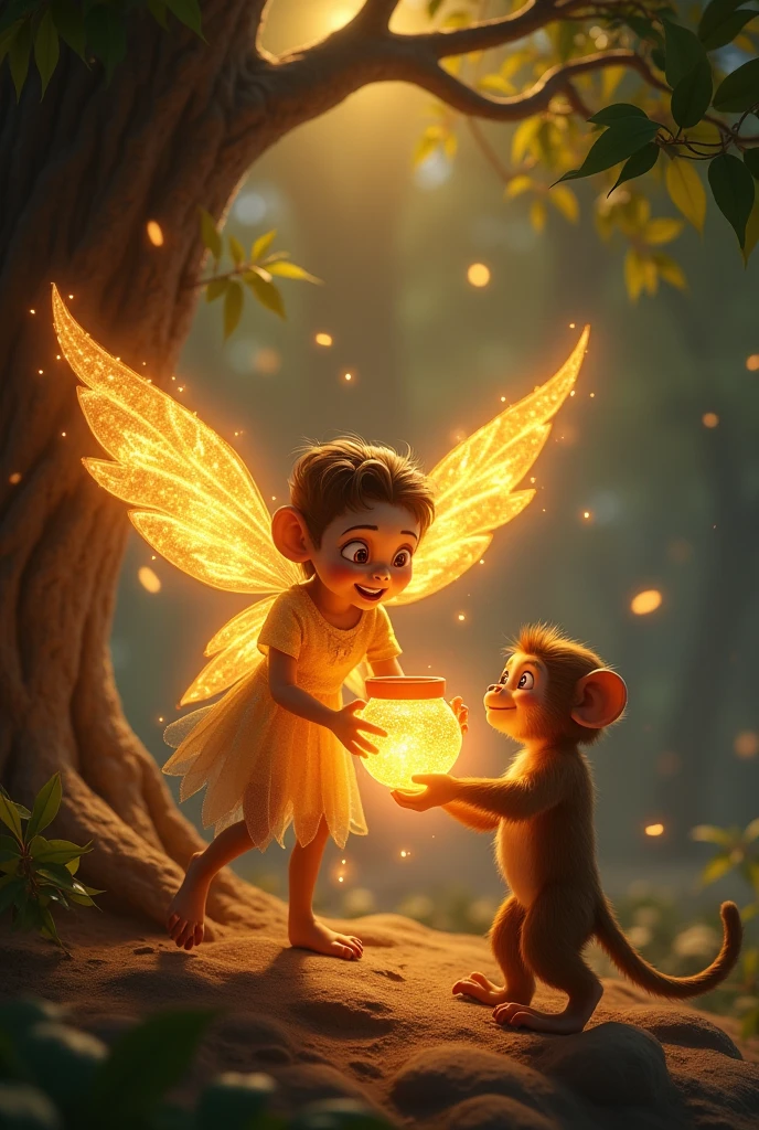"A fairy handing kid Maya a cup of magical tea with a mischievous smile."