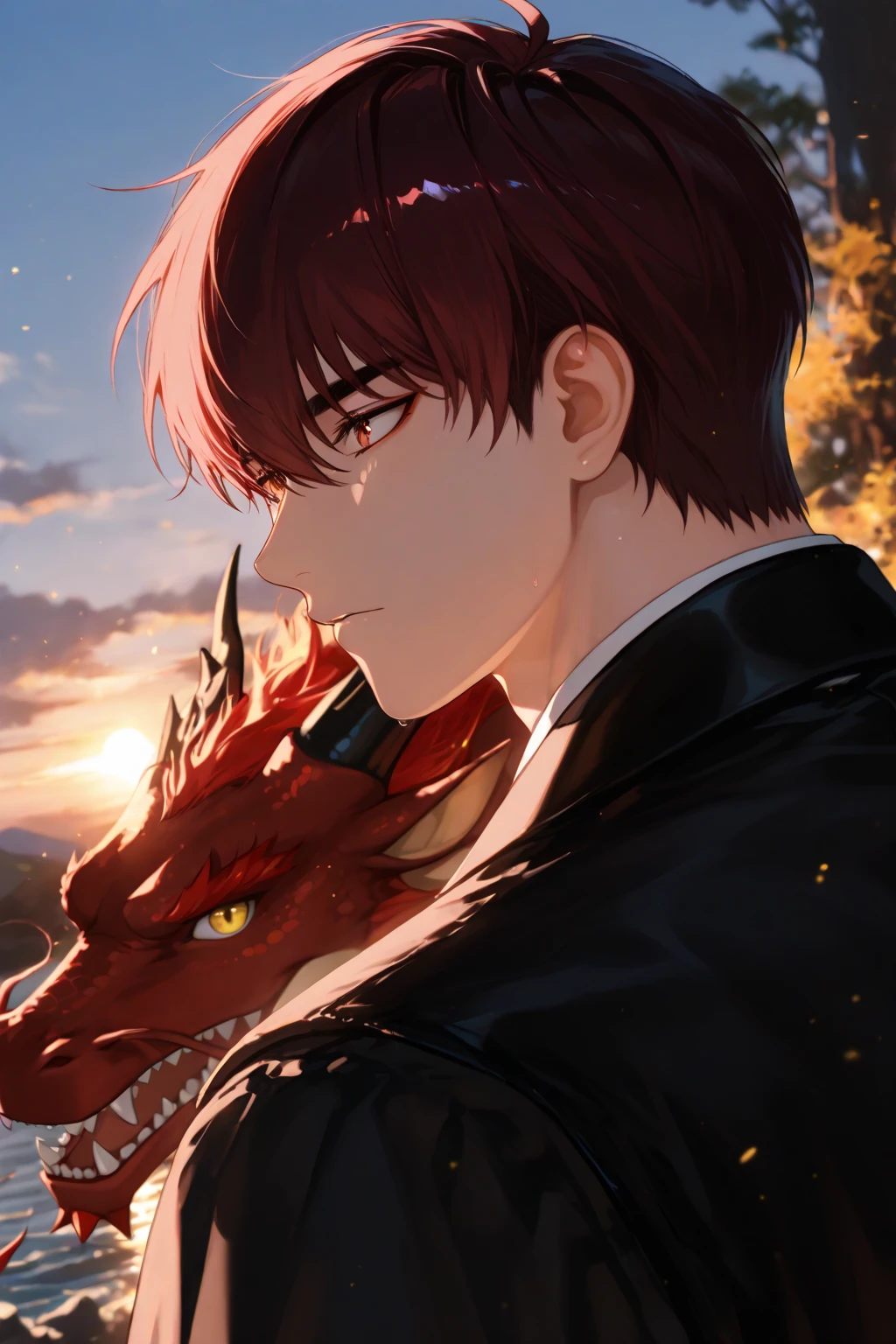 anime image of a man sitting next to a dragon with a red head, human and dragon fusion, man with the soul of a dragon, handsome guy in demon slayer art, dragon in the background, highly detailed exquisite fanart, but as an anthropomorphic dragon, as an anthropomorphic dragon, high quality fanart, colossal dragon in background