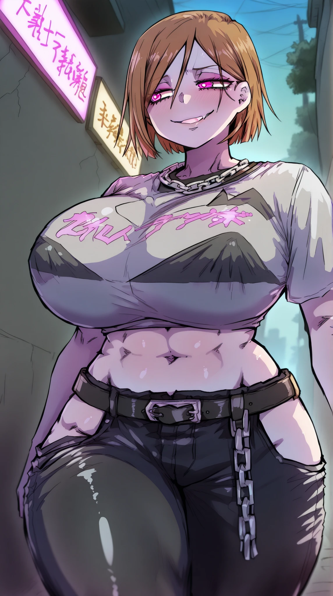 20 year old woman, busty, thigh thighs, bubble butt, hourglass figure, skinny, sexy pose, excited, aroused, smug, horny, expression, wearing black tube top, tight pink leather jeans, heeled boots, messy light pink hair, blushing, at rock concert