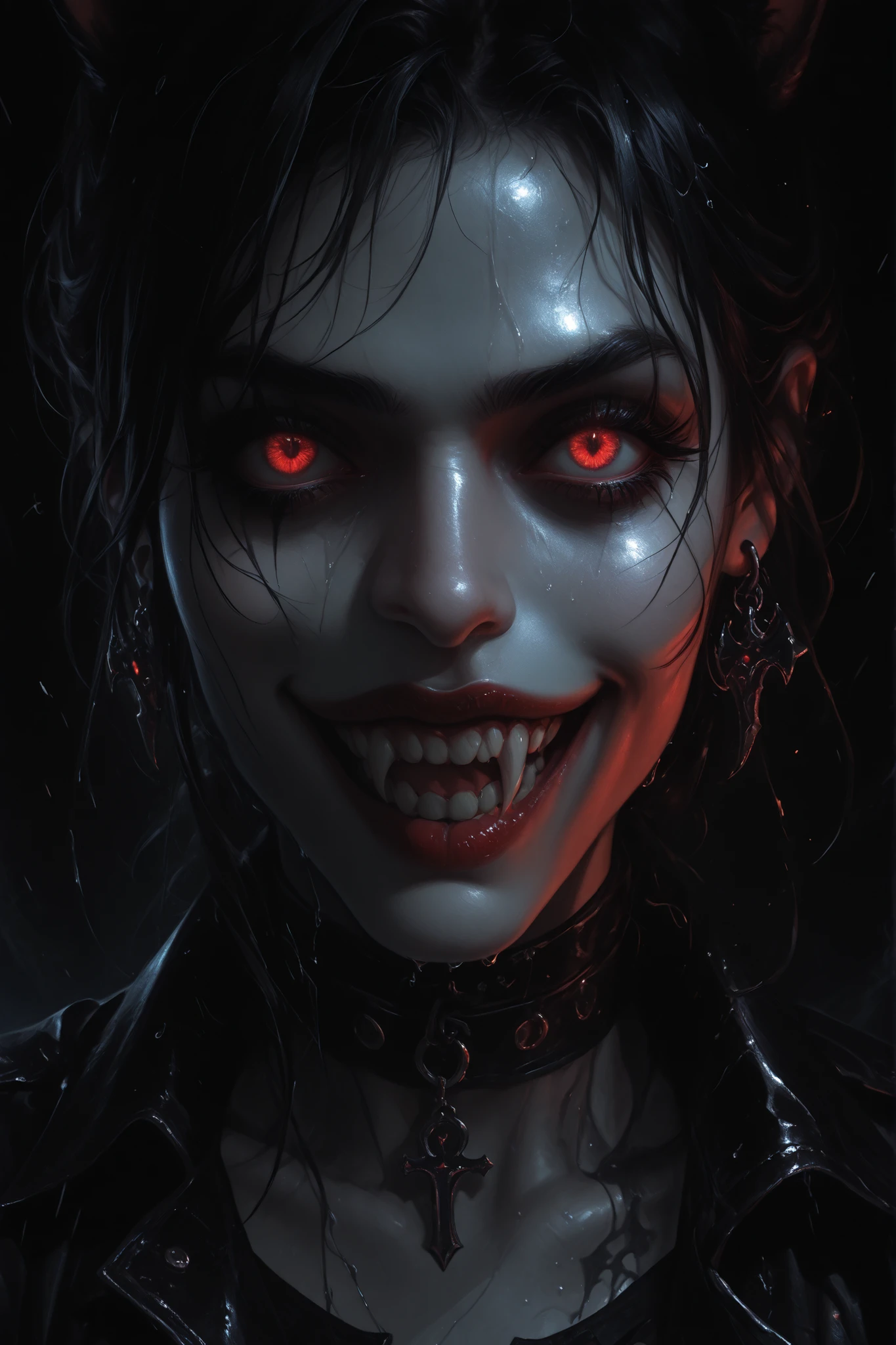 In this striking hyperrealistic digital illustration, a woman with a supernatural, vampiric appearance is captured in dramatic close-up. Her face distorts into a vicious, evil grin, revealing sharp, menacing teeth. Her bright, glowing red eyes contribute to the eerie and unsettling atmosphere. Her dark, wet-looking hair clings to her pale skin, suggesting she has just emerged from a dark, damp environment. Her skin is pale, almost ghostly, with a sheen that enhances the sinister light reflecting off her face.
She wears a black leather choker and matching leather jacket, enhancing her gothic aesthetic. The choker features a small, intricate bat-shaped pendant, subtly contrasting with the otherwise dark theme. Her ears are pierced by large dank earrings that reflect the dim light, adding a touch of elegance to her monstrous appearance.
The background is a deep, black void, with only a few neon pink and blue light sources illuminating her face, casting dramatic shadows and enhancing the eerie atmosphere. The overall style is a blend of realism and dark fantasy, with a focus on horror and gothic elements. The texture of her skin and hair is meticulously detailed, giving the illustration a realistic look while maintaining the fantastical, nightmarish theme.