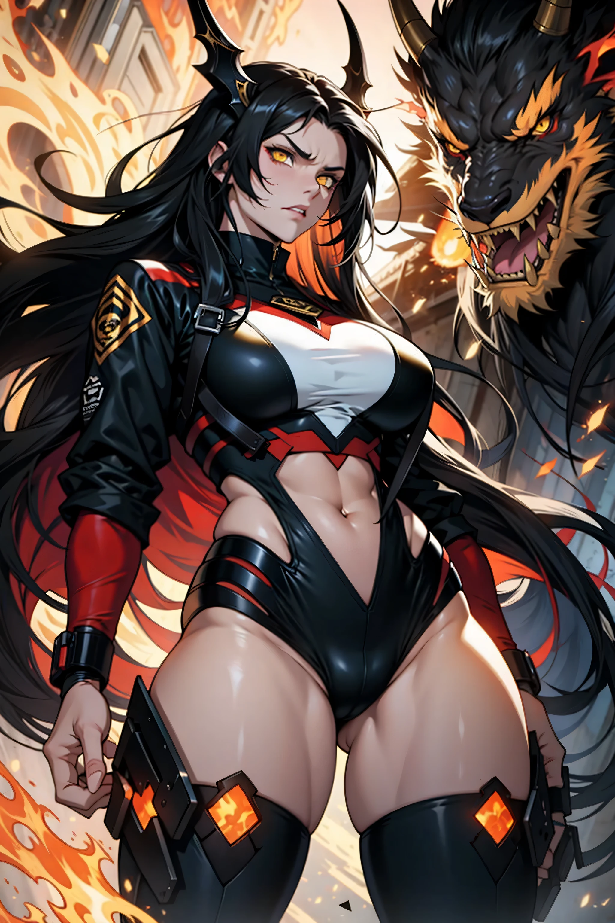 pt:
"long black hair flowing down, piercing yellow eyes, fair skin radiating a pale glow, toned muscles displaying strength, ample bosom, shapely thick thighs, intense anger reflected in her expression, standing tall and fierce beside a majestic black dragon, the embodiment of power and mystery, solitary and captivating."