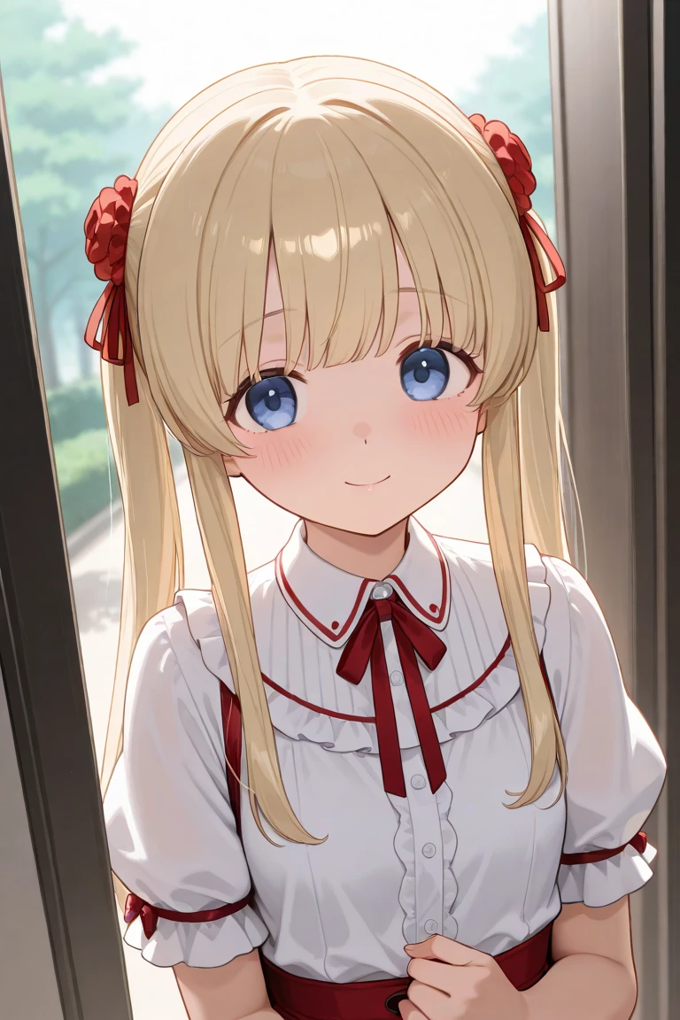 ph_eriri, 1girl, sawamura spencer eriri, blonde hair, blue eyes, solo, twintails, long hair, hair ribbon, black ribbon, dress, long sleeves, red dress, white shirt, blush, indoss, dutch angle, bangs, shirt, open mouth, window, sidelocks, parted lips, standing, pinafore dress, bow, from side, looking away, upper body
, (masterpiece:1.6, best quality), (finely detailed beautiful eyes: 1.2),  <lora:eriri_v1.1_FB:1>