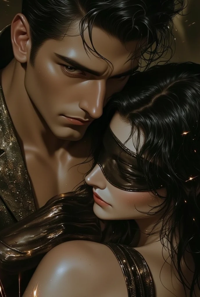 a girl with light brown skin, green eyes and curly brown hair with a lush body next to her is a muscular and handsome man with dark blue eyes and raven hair. Making love in front of a lot of people in a closed place, They both wear masks