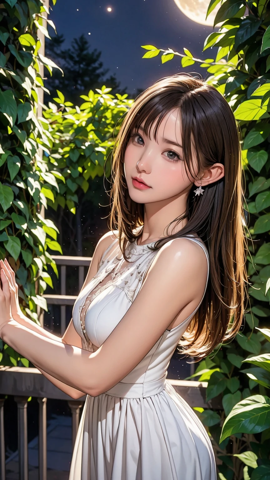 ((White sleeveless、Long tight dress with slit、Fits your body perfectly))、1 girl、smile、Bob Hair、Brown Hair、Medium breast、In front of the fountain in the park、masterpiece:1.3、Raw photo、Highest quality、