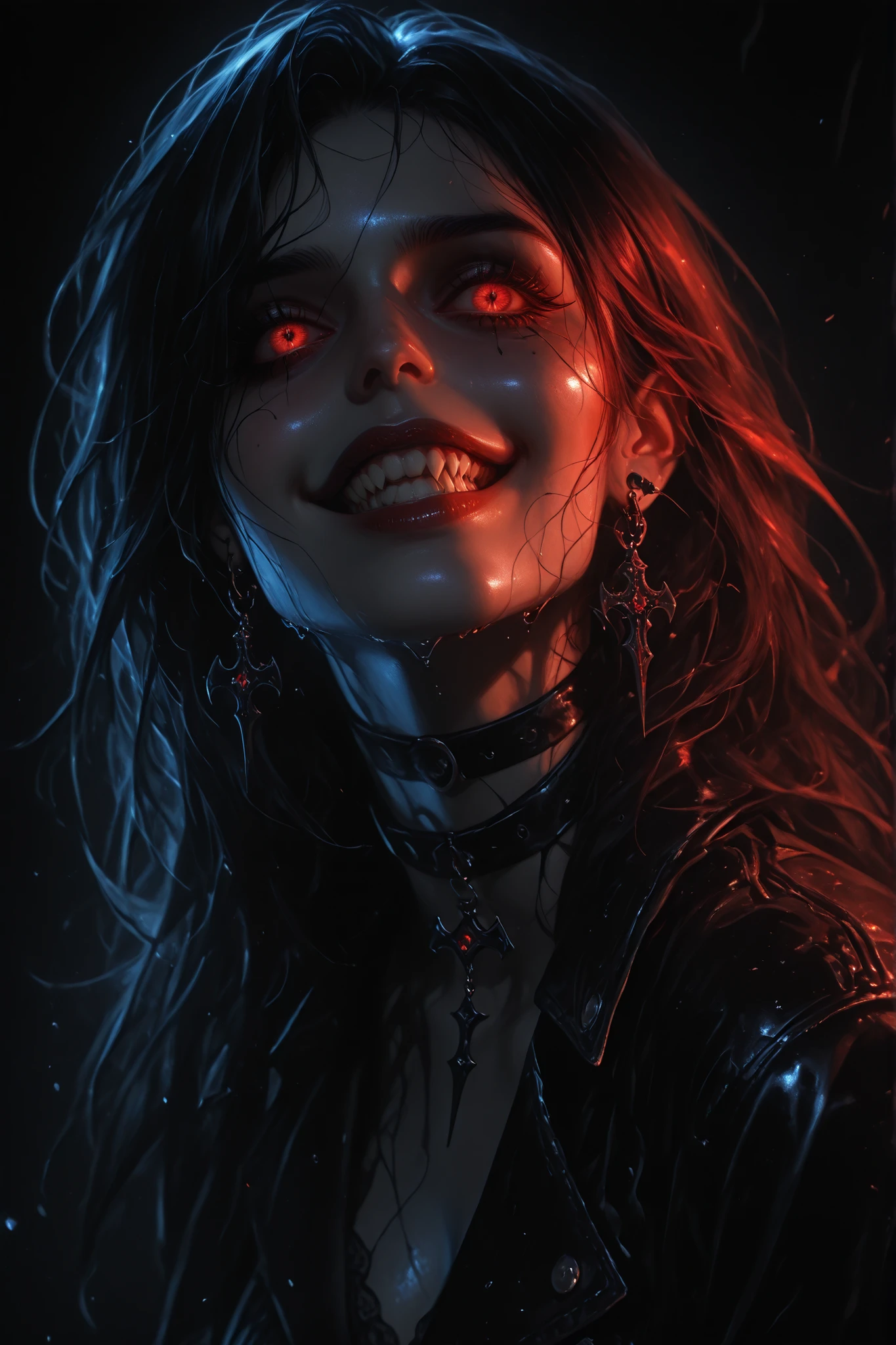 In this striking hyperrealistic digital illustration, a woman with a supernatural, vampiric appearance is captured in dramatic close-up. Her face distorts into a vicious, evil grin, revealing sharp, menacing teeth. Her bright, glowing red eyes contribute to the eerie and unsettling atmosphere. Her dark, wet-looking hair clings to her pale skin, suggesting she has just emerged from a dark, damp environment. Her skin is pale, almost ghostly, with a sheen that enhances the sinister light reflecting off her face.
She wears a black leather choker and matching leather jacket, enhancing her gothic aesthetic. The choker features a small, intricate bat-shaped pendant, subtly contrasting with the otherwise dark theme. Her ears are pierced by large dank earrings that reflect the dim light, adding a touch of elegance to her monstrous appearance.
The background is a deep, black void, with only a few neon pink and blue light sources illuminating her face, casting dramatic shadows and enhancing the eerie atmosphere. The overall style is a blend of realism and dark fantasy, with a focus on horror and gothic elements. The texture of her skin and hair is meticulously detailed, giving the illustration a realistic look while maintaining the fantastical, nightmarish theme.
