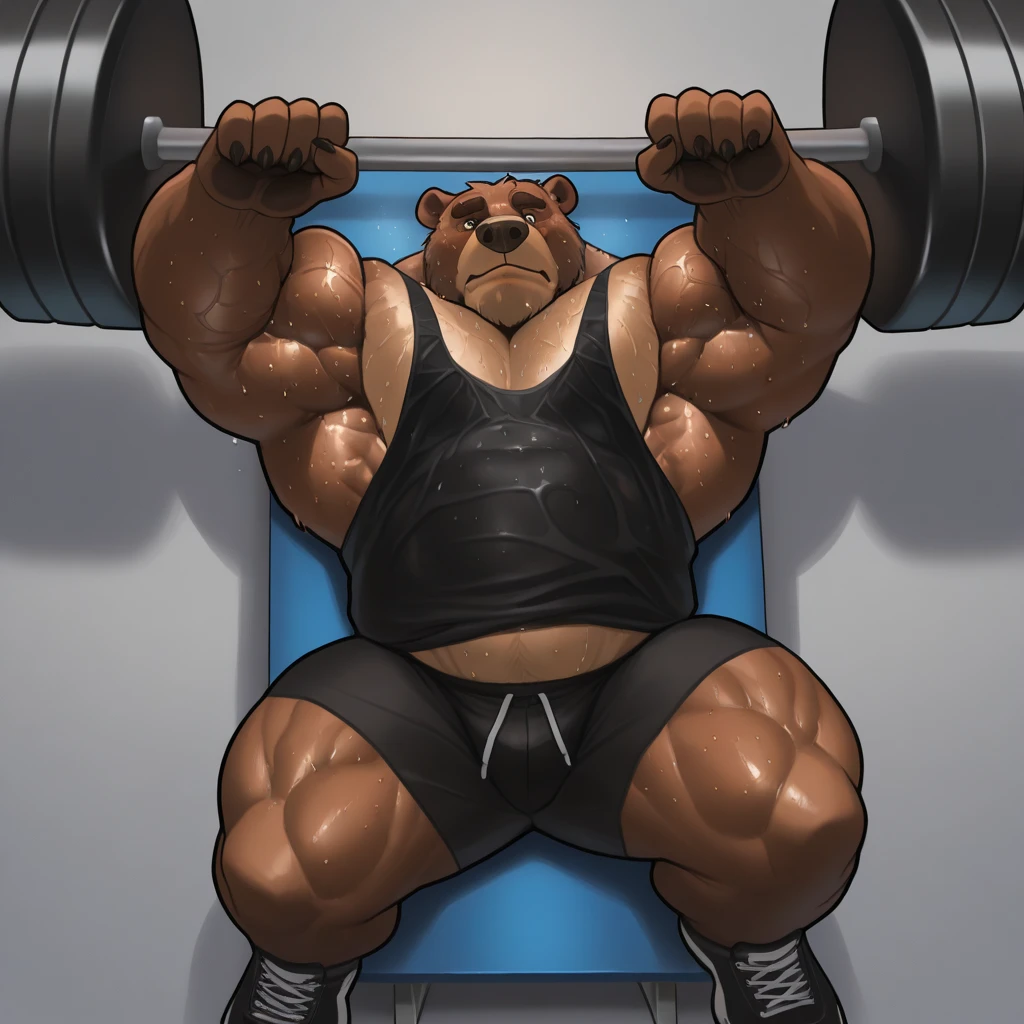 Huge muscular thick Bear bodybuilder shirtless in black gym shorts and wristbands incline bench press over 250lbs getting more pumped.