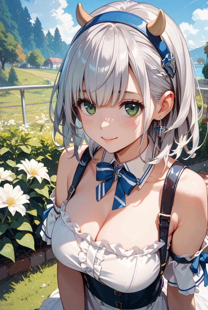 Shirogane noel from hololive, big boobs, wear tank top, show nipple, 8k, masterpie, detailed, smile, bob hair, great qualities, very detail, mountain background, sunset, flying whale in the sky,