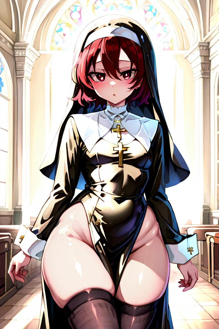 (masterpiece:1.2), (best quality,:1.2), full body shot, 1girl, red hair, short hair, medium breasts, fit and petite body, black nun veil, black stockings, black garters, black highheels, looking at viewer, orgasm, (pussy juice:1.2), vagina, view from below,
<lora:femaleMasturbation_v1:1>, fingering, schlick, masturbation,
laying on the floor, inside the church, cross in the background,