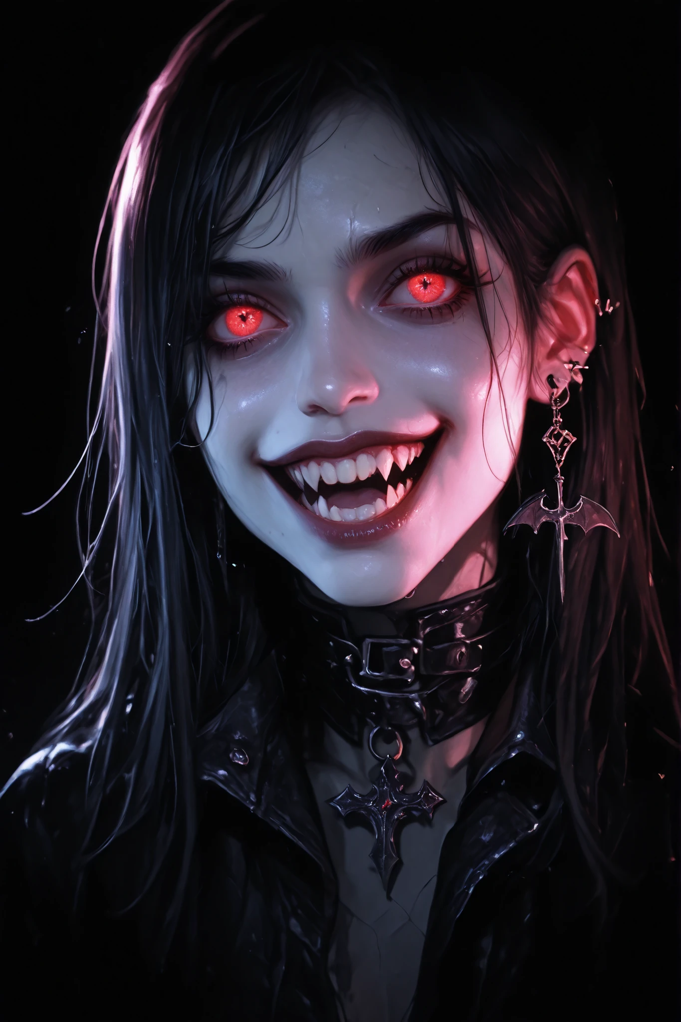 In this striking hyperrealistic digital illustration, a woman with a supernatural, vampiric appearance is captured in dramatic close-up. Her face distorts into a vicious, evil grin, revealing sharp, menacing teeth. Her bright, glowing red eyes contribute to the eerie and unsettling atmosphere. Her dark, wet-looking hair clings to her pale skin, suggesting she has just emerged from a dark, damp environment. Her skin is pale, almost ghostly, with a sheen that enhances the sinister light reflecting off her face.
She wears a black leather choker and matching leather jacket, enhancing her gothic aesthetic. The choker features a small, intricate bat-shaped pendant, subtly contrasting with the otherwise dark theme. Her ears are pierced by large dank earrings that reflect the dim light, adding a touch of elegance to her monstrous appearance.
The background is a deep, black void, with only a few neon pink and blue light sources illuminating her face, casting dramatic shadows and enhancing the eerie atmosphere. The overall style is a blend of realism and dark fantasy, with a focus on horror and gothic elements. The texture of her skin and hair is meticulously detailed, giving the illustration a realistic look while maintaining the fantastical, nightmarish theme.