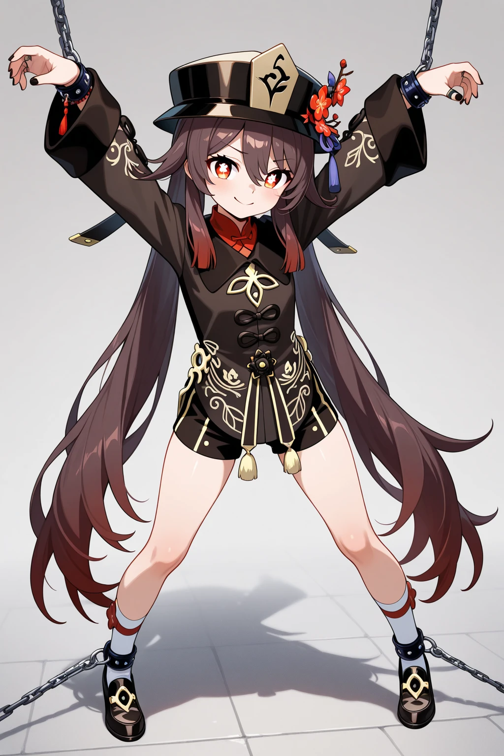 masterpiece, best quality, HuTaoV4, 1girl, solo, long sleeves, hat, jewelry, full body, flower, shoes, shorts, socks, wide sleeves, black footwear, grin, short shorts, black headwear, gradient hair, chinese clothes, black shorts, white socks, tassel, hat flower, Taisho era, rear view, shows ass, butt