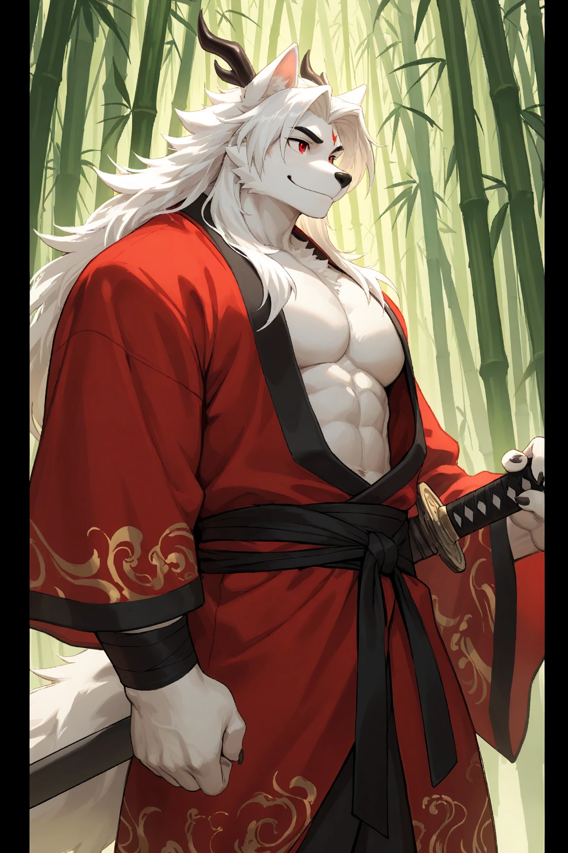 Holding the hilt of a silver long sword,White wolf tail