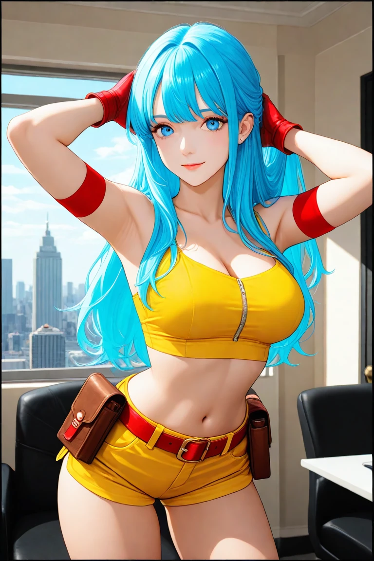 Y shirt、jaket、shortpants、Very big breasts、Cleavage breasts、One lady、Long legs、Fitness Model、musculature、abdominals、Powerful Pose、Emerald blue hair、Height 175cm、poneyTail、skin tanned、A smile、Glowing clothes、full-body view、publicity cosplay、full-cosplay、taken with canon 5d mk4、cosplay foto