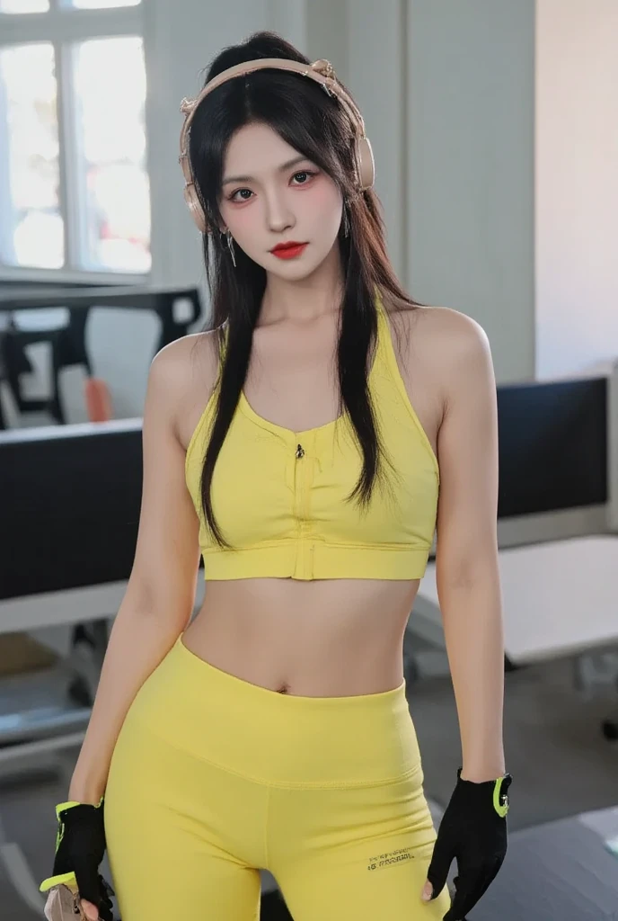 Woman with Korean Latin features black hair honey-colored eyes with green tints upturned nose pink and moderately voluminous lips brunette complexion dancing in a realistic dance studio best quality