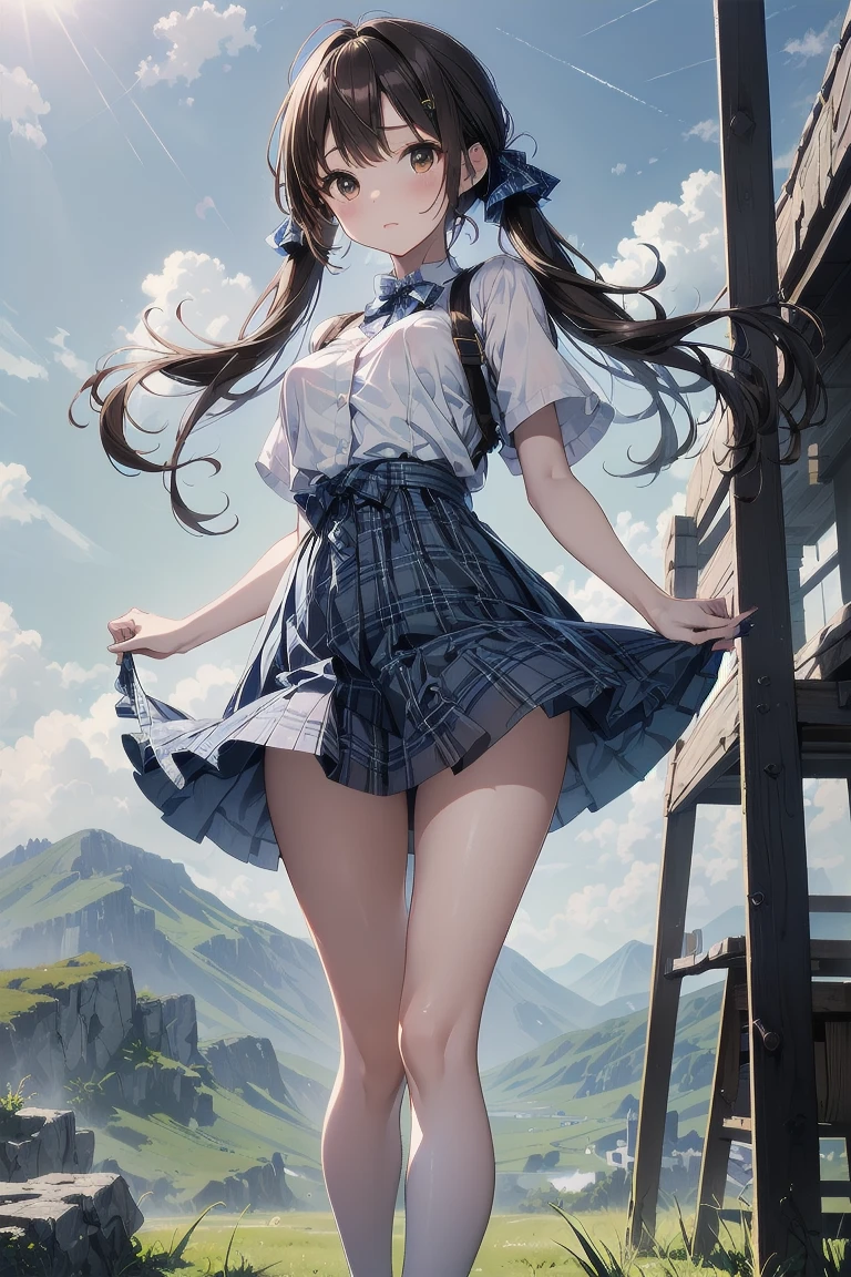 (A high school girl with cat ears jumping into a river:1.5), with water splashing around her. The scene is dynamic and full of energy, capturing the moment she is mid-air just before hitting the water. The environment is a sunny day with clear blue sky and lush greenery surrounding the river. The girl is wearing a typical high , her hair and skirt flowing with the motion. Detailed water splashes and reflections add realism to the scene.