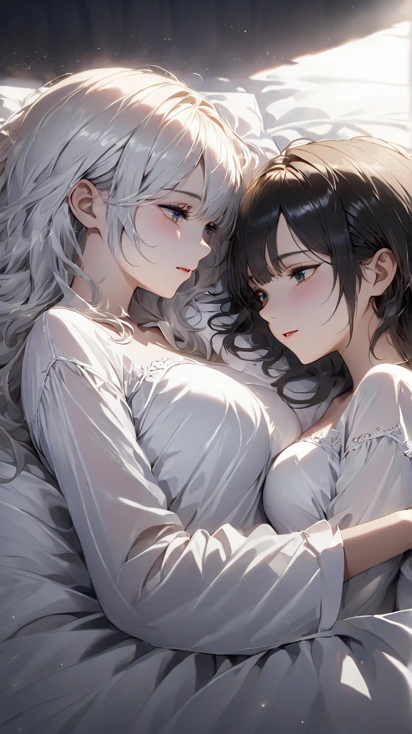 The two girls hugged each other. Kiss each other face to face. Grasp each other's breasts with your hands. Perfect figure., {{Huge breasts }},{ Perfect body },{ Exquisite face},{{{best quality}}},{{ultra-detailed}}, {{masterpiece}},{{masterpiece}}, {{{best quality}}},{{ultra-detailed}}, {{illustration}},{{disheveled hair}},{{disheveled hair}},clear facial features,Realism,Photorealism,New Realism,octane render,Corona Render,UE4,high detail,hyper quality,high resolution,8Ktrending on artstation,HD,hyperrealism,telephoto lens,Chest Shot(MCU),first-person view,film lighting,
