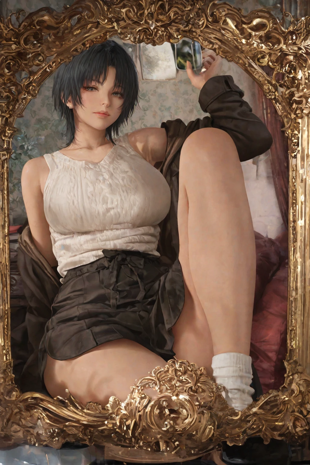 1girl, short bob hair, black hair, very small breasts, blue eyes, fair skin, she nude, lot of cum in sex, full body, full body, lying, medieval japanese house, very sexy body, detailed face, highly detailed, 8k, best quality, masterpiece, cinematic lighting, dramatic lighting, vibrant colors, digital art, concept art