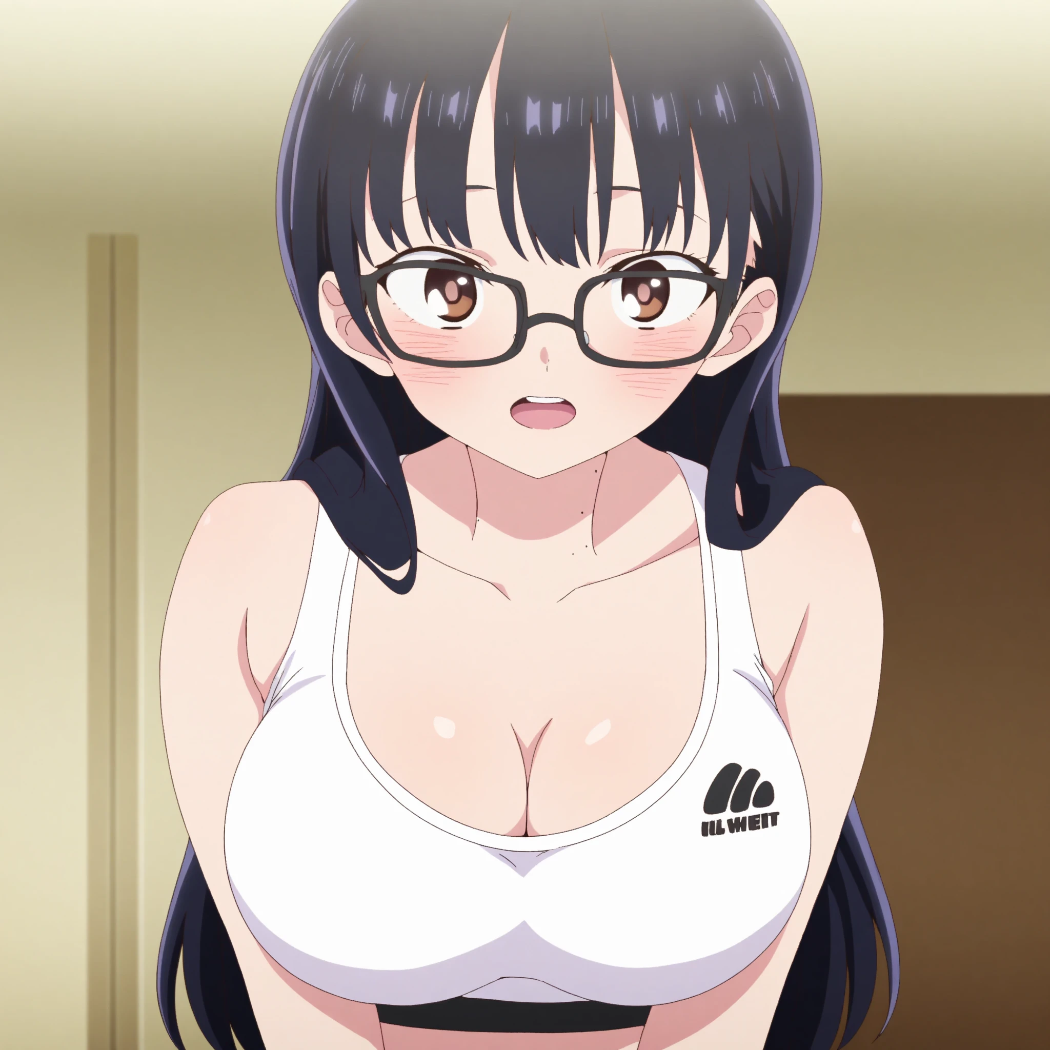 ((masterpiece:1.4, best qualit:1.4, high resolution:1.4, bright colors, vibrant colors:1.2)), Saitou, 1girl, solo, standing, huge breasts, glasses, bangs, blush, tanktop, street background, indoor, purple eyes, upper body, frontal view:1.1, open mouth, arms up, frown, armpits visible, sleevless