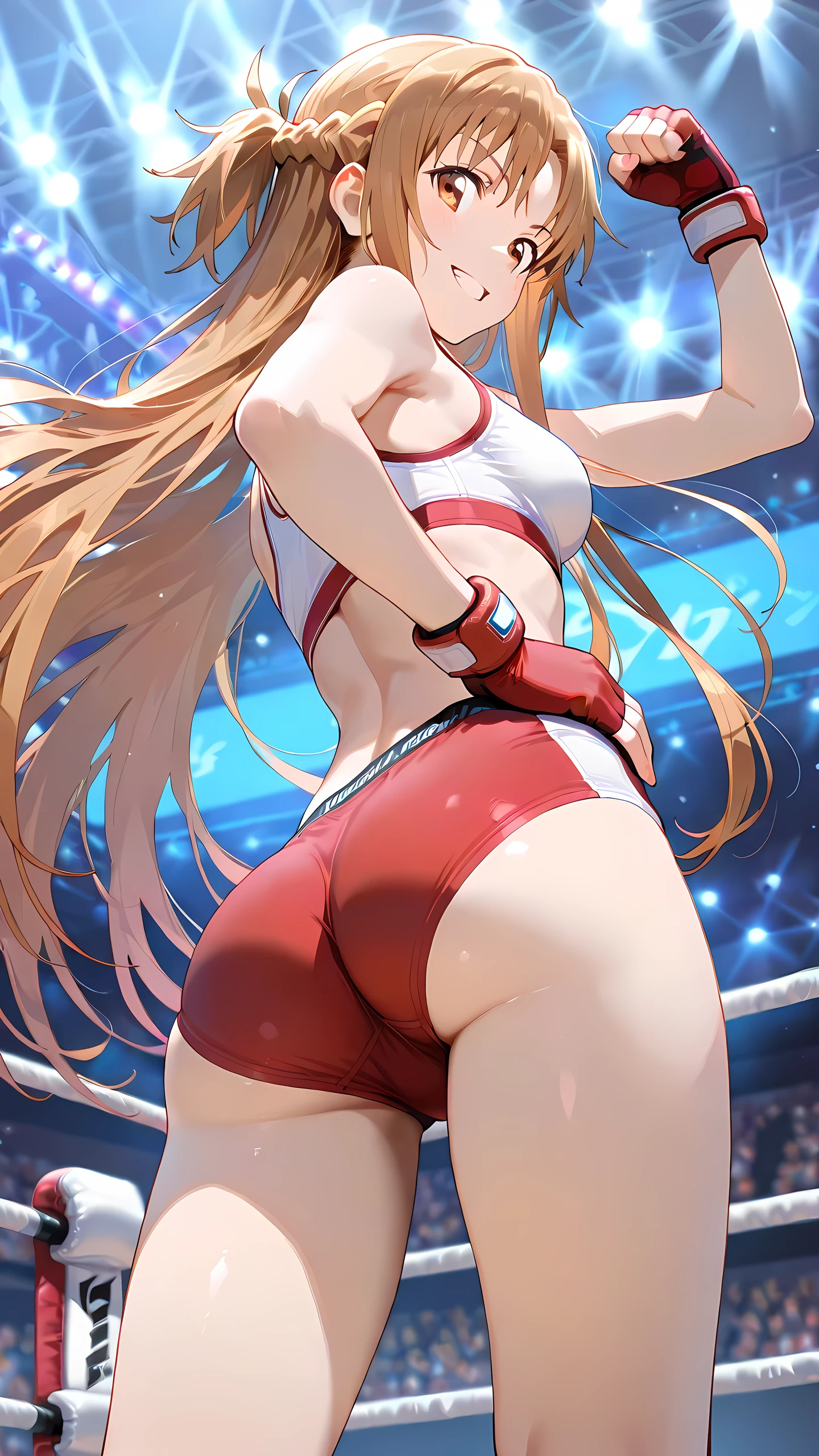 (masterpiece image, very detailed image, best high quality high definition image High very detailed Quality image, Very detailed high quality image), solo character, female wrestling, hip attack technique, back view
1girl, absolute beauty, 28 years old, fair pale skin, light blue eyes, beauty features, long blonde golden hair tied in two pigtails with pink ribbons and blonde golden hair curly fringe near the nose, big breasts, round butt, beautiful legs, (light pale blue one piece leotard with a white stripe line in the belly and a grey spandex shorts under the leotard, grey knee pads, light pale blue wrestling boots, light pale blue arms sleeves, grey elbow pads), serious cocky attitude,
Dirty gym and wrestling ring