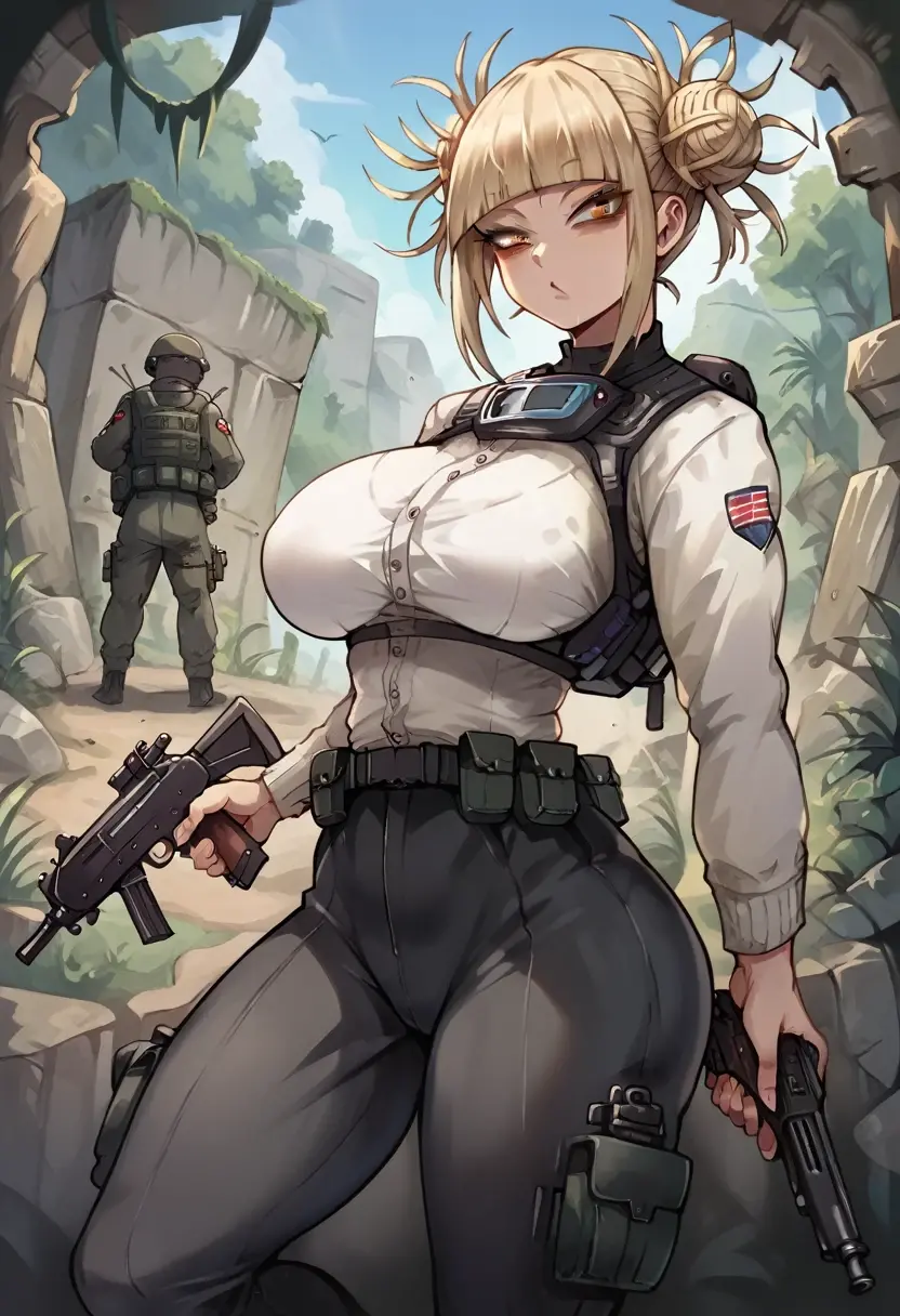 toga himiko, Women, sexy body, huge breasts, perfect breasts, small waist, big butt, long legs, sexy legs, black clothes, Military jacket military pants, Military equipment, kitbag, black combat suit, bulletproof vest, soldier suit, baggy clothes, holding a combat rifle, in a jungle