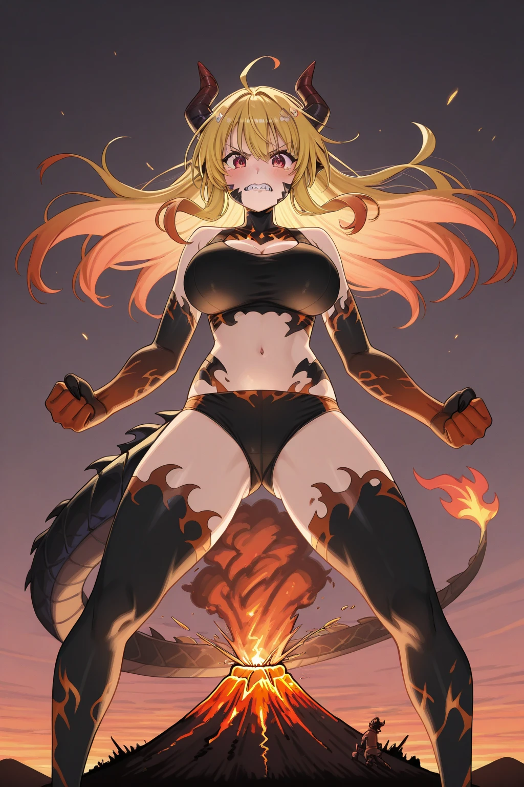 Dog girl, fantasy race, large breasts (H size), chain bikini, hellhound, black skin, flame hair