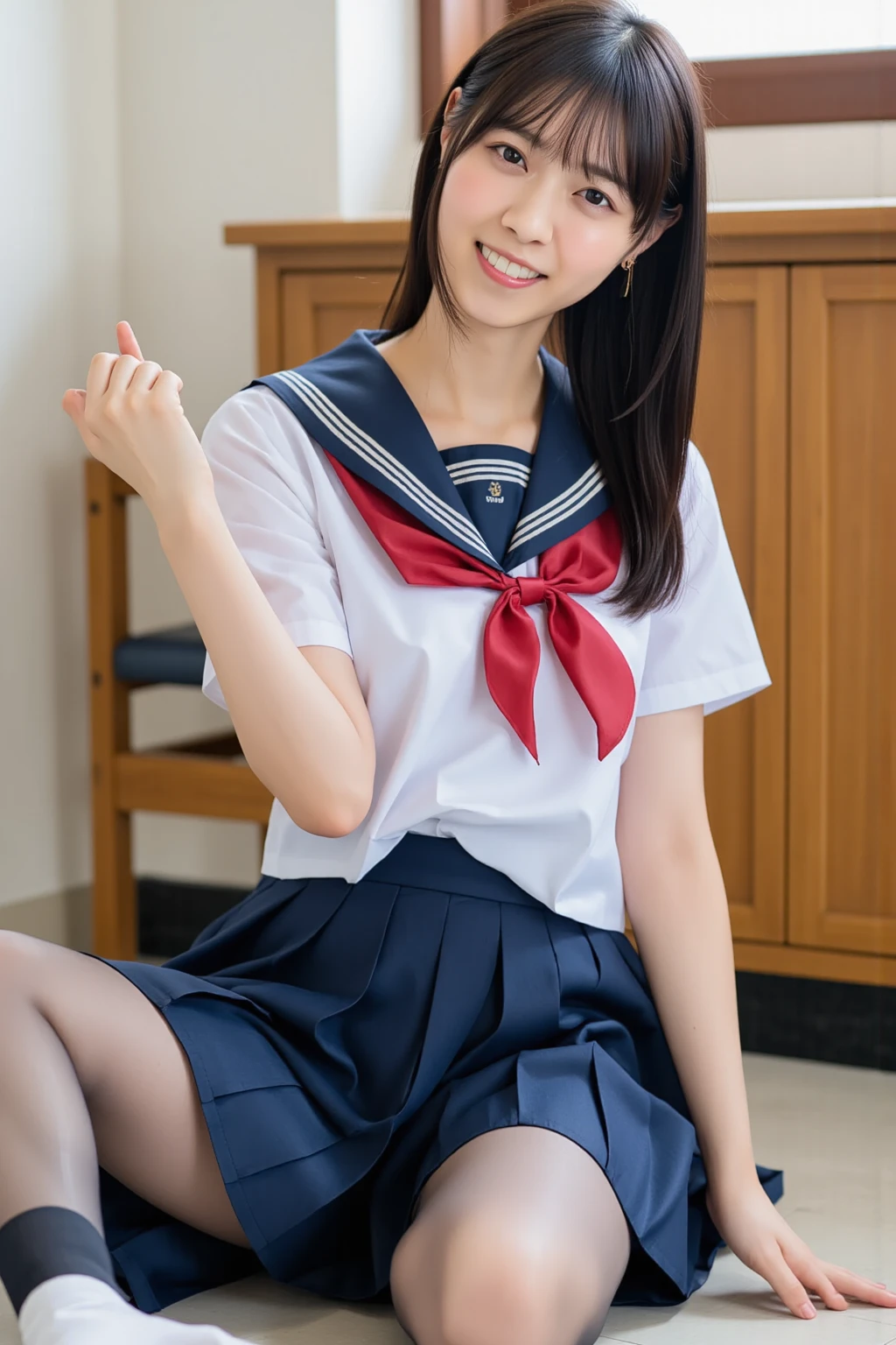 realphoto、Top image quality、There is a woman squatting in uniform,Composition from the front、 Cute Schoolgirl, White shorts、wearing japanese school uniform, a sailor suit、japanese girl school uniform, taken with canon eos 5 d mark iv, of a schoolgirl posing, Japan school uniform, zora々Shishi Japan of Girls, taken with canon 8 0 d, taken with canon 5d mk4, a hyperrealistic schoolgirl