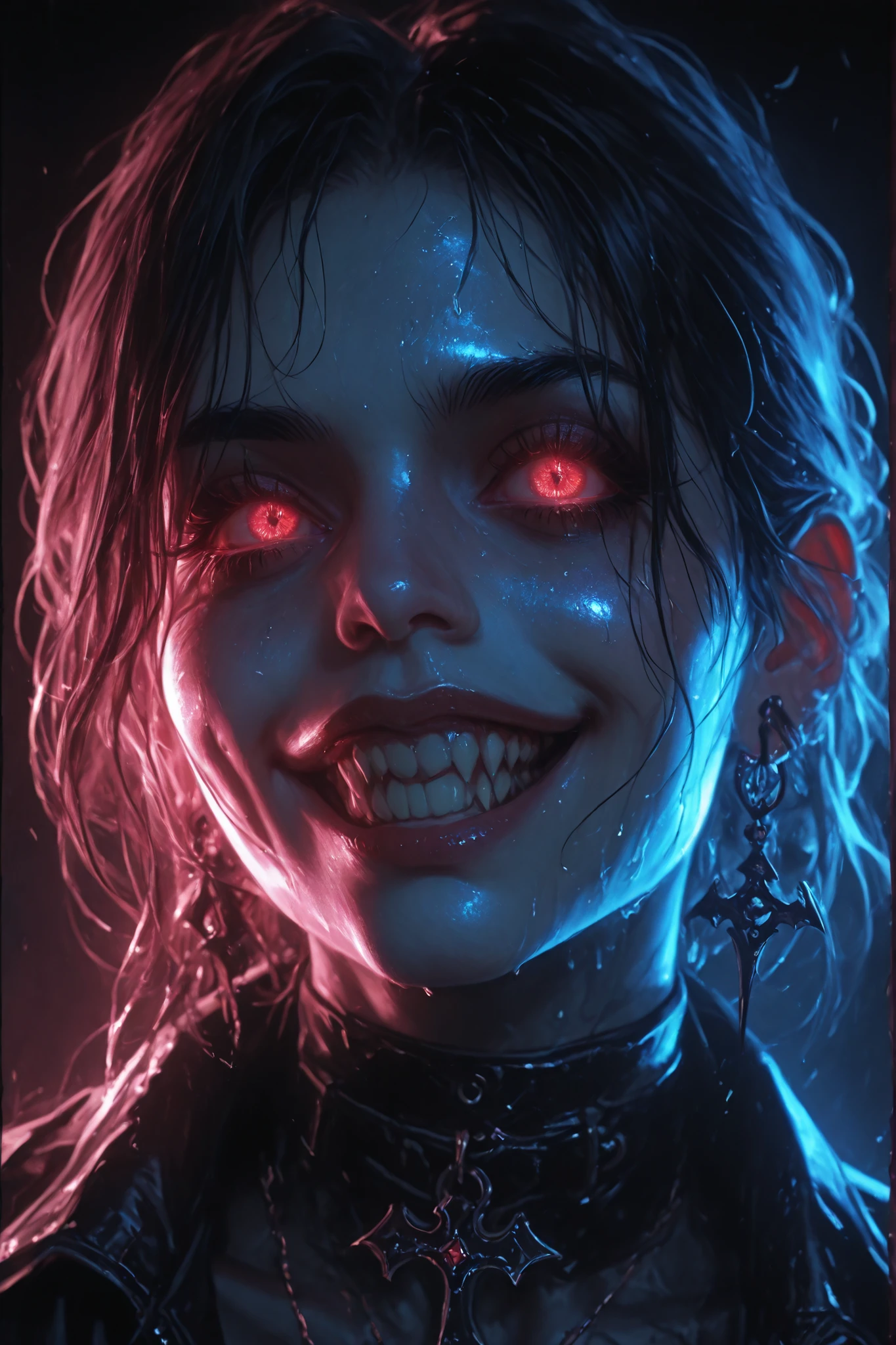 In this striking hyperrealistic digital illustration, a woman with a supernatural, vampiric appearance is captured in dramatic close-up. Her face distorts into a vicious, evil grin, revealing sharp, menacing teeth. Her bright, glowing red eyes contribute to the eerie and unsettling atmosphere. Her dark, wet-looking hair clings to her pale skin, suggesting she has just emerged from a dark, damp environment. Her skin is pale, almost ghostly, with a sheen that enhances the sinister light reflecting off her face.
She wears a black leather choker and matching leather jacket, enhancing her gothic aesthetic. The choker features a small, intricate bat-shaped pendant, subtly contrasting with the otherwise dark theme. Her ears are pierced by large dank earrings that reflect the dim light, adding a touch of elegance to her monstrous appearance.
The background is a deep, black void, with only a few neon pink and blue light sources illuminating her face, casting dramatic shadows and enhancing the eerie atmosphere. The overall style is a blend of realism and dark fantasy, with a focus on horror and gothic elements. The texture of her skin and hair is meticulously detailed, giving the illustration a realistic look while maintaining the fantastical, nightmarish theme.