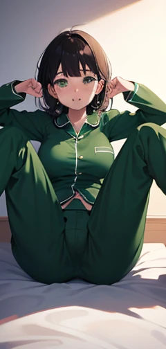 ((masterpiece)), Highest quality, Very detailed,(One Girl),mayumi saegusa, red eyes, black hair, long hair, medium breasts, striped ribbon, cropped green jacket, long sleeves, white dress, black necktie, pantyhose, standing, Long Hair,Beautiful background ,Completely naked,  chest, Bent body,Lie in, Look to the side, Worried face, Female genitals in full view, Drunk look, Hot body、Sweaty、Spread your legs、Opening the vagina with your fingers、Female genitalia seen deep inside、 Browsing Caution,