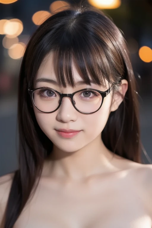 (Highest quality,8K quality,masterpiece:1.3),(Ultra-high resolution,Photorealistic:1.4,RAW Photos),(Very delicate,Caustics,Detailed Background),(Ultra-Realistic Capture,Fine and beautiful skin,Perfect Anatomy), At night,Night Sky,Riverbank,Outdoor,1,cute,single eyelid,Dark brown ponytail,yukata,Glasses on the head,firework,Looking at the camera,Natural soft light