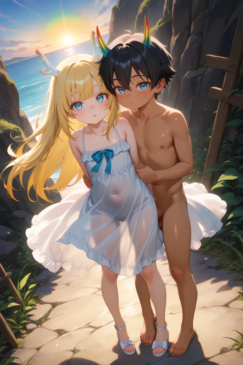 masterpiece, highest quality, Medium wide shot、cowboy shot、NSFW、prostitute、naked men and women、special party、 1 mature woman、(mint, blue eyes, braid,、long blonde hair、hair between eyes)、((big breasts、huge breasts、big areola、erect nipples))、 (((Full naked、nudist)))、 ((pubic hair、hairy、pubic hair、pubic hair))、Two naked men、One、(woman sandwiched between men、woman between men、Woman Opening Legan Standing)、((spread legs woman、A woman being held by a man、man holding a woman))、(((love juice、semen、Sweat、Pissing、saliva)))、Estrus Woman、Sex Parties、vagina、Peni-shaped legs、have legs、Held、in the forest、mushroom、angle from below、Ahegao、night、