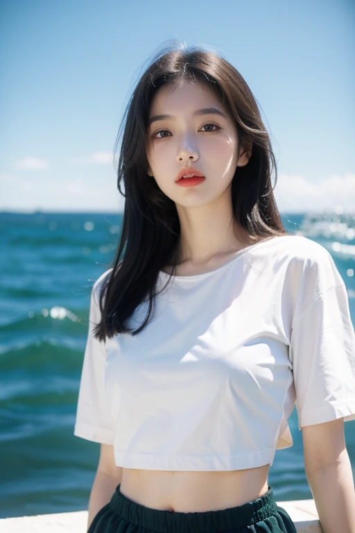Best quality，Ultra-high resolution，（lifelike：1.4），Cute hairpin，1girll，Long curly hair，jk，Blush，Slim beauty：1.4，Visible abdominal muscles，on the beach，Ultra-fine face，Exquisite eyes，Double eyelids，necklace