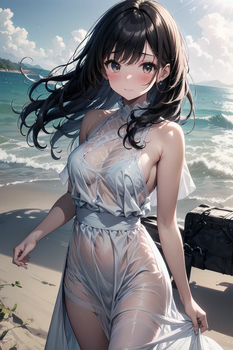 RAW Photos, Realistic, Ultra-realistic, beautiful girl, large sparkling eyes, smiling, white lace gothloli dress, standing in ocean, summer, clear blue sky, crystal clear water, flowing long smooth hair, gentle breeze, soft lighting, sun shining, 2.5D illustration, highly detailed, award-winning artwork, serene, peaceful, ethereal, Highest quality, masterpiece, Ultra-high resolution, 8K